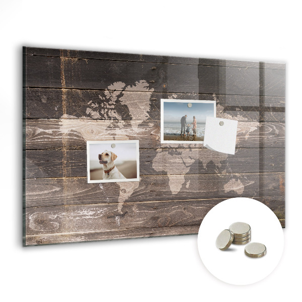 Magnettafel bunt Weltkarte auf Holz