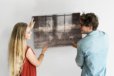 Magnettafel bunt Weltkarte auf Holz