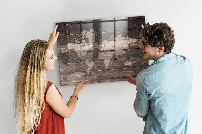 Magnettafel bunt Weltkarte auf Holz