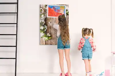 Magnettafel beschreibbar mit Motiv Blumen auf Holzbrettern