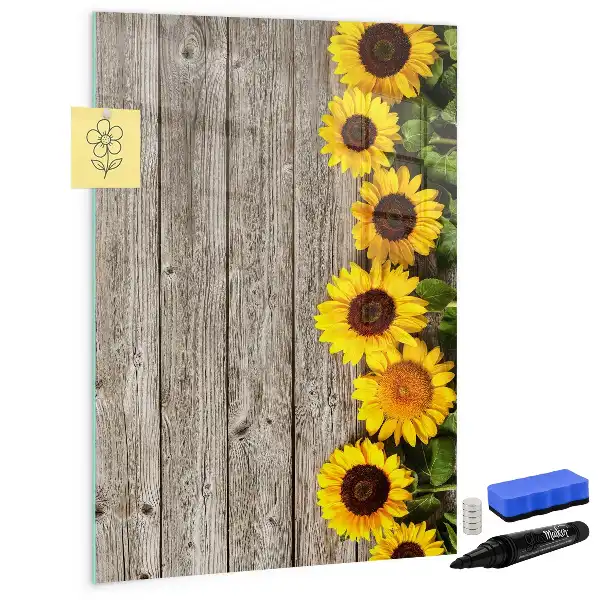 Magnettafel beschreibbar mit Motiv Sonnenblumen auf Holz