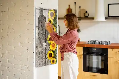 Magnettafel beschreibbar mit Motiv Sonnenblumen auf Holz