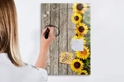 Magnettafel beschreibbar mit Motiv Sonnenblumen auf Holz