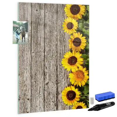 Magnettafel beschreibbar mit Motiv Sonnenblumen auf Holz