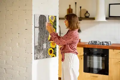 Magnettafel beschreibbar mit Motiv Sonnenblumen auf Holz