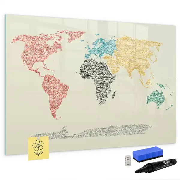 Weltkarte aus Buchstaben als beschreibbare Magnettafel