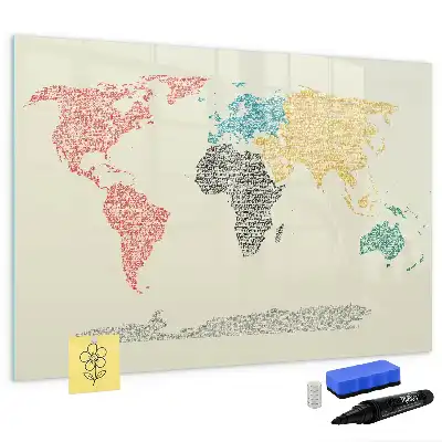 Weltkarte aus Buchstaben als beschreibbare Magnettafel