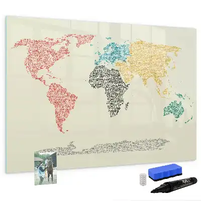 Weltkarte aus Buchstaben als beschreibbare Magnettafel