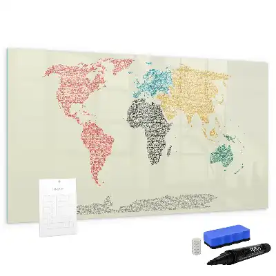 Weltkarte aus Buchstaben als beschreibbare Magnettafel