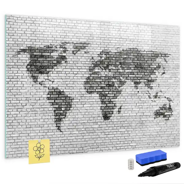 Beschreibbare Magnettafel mit Weltkarte auf Ziegelwand
