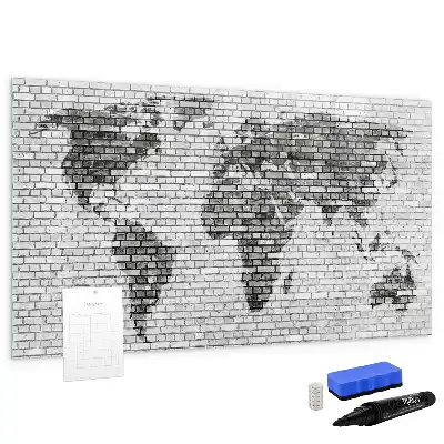 Beschreibbare Magnettafel mit Weltkarte auf Ziegelwand