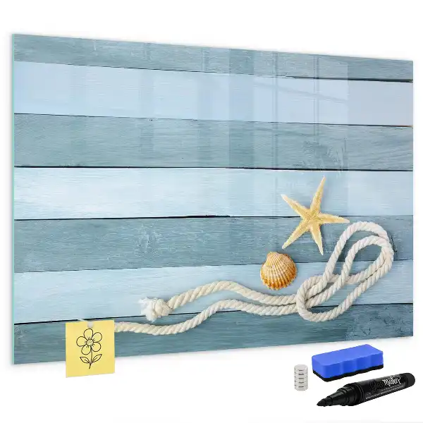 Beschreibbare Magnettafel mit Motiv Bretter, Pflanzen und Muscheln