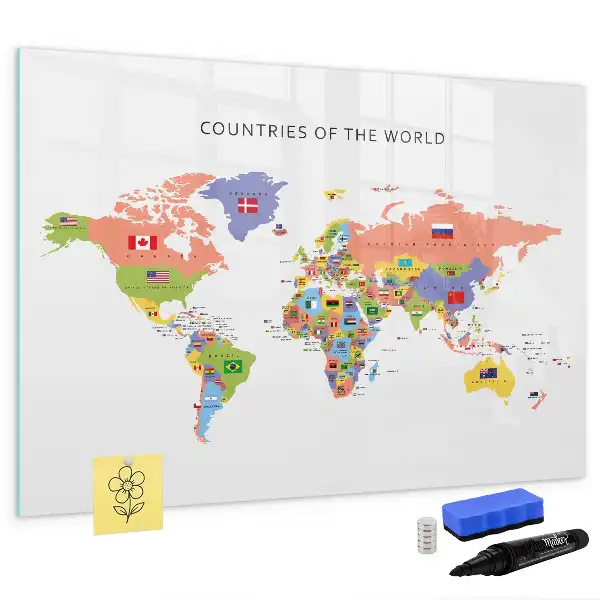 Beschreibbare Magnettafel mit Motiv Weltkarte mit Flaggen