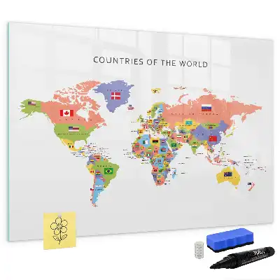 Beschreibbare Magnettafel mit Motiv Weltkarte mit Flaggen