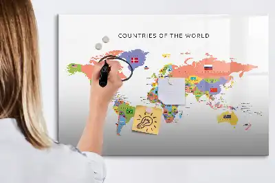 Beschreibbare Magnettafel mit Motiv Weltkarte mit Flaggen