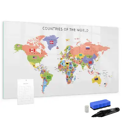 Beschreibbare Magnettafel mit Motiv Weltkarte mit Flaggen