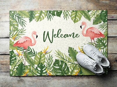 Fussmatte innen Welcome Flamingos und Blätter