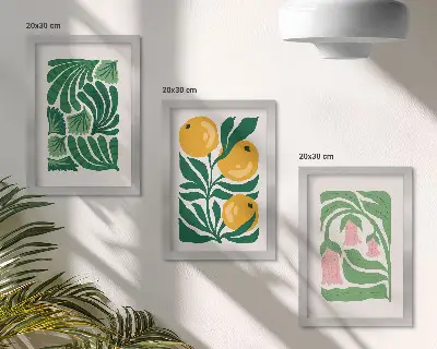 Bilderwand mit minimalistischen Pflanzenmustern aus Früchten und Blättern