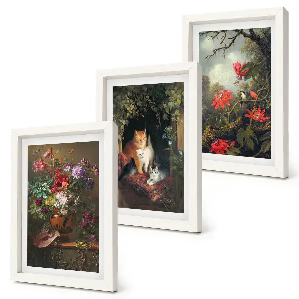 Fotowand mit Vintage-Blumen, Katzen und Pflanzen in der Natur