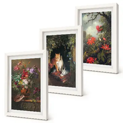 Fotowand mit Vintage-Blumen, Katzen und Pflanzen in der Natur