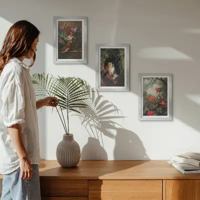 Fotowand mit Vintage-Blumen, Katzen und Pflanzen in der Natur
