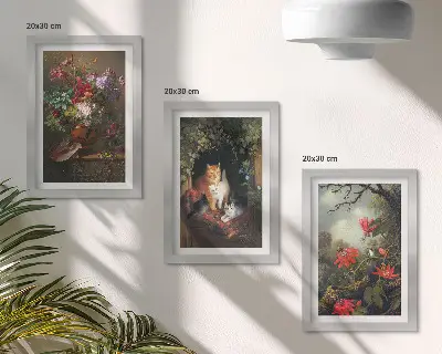 Fotowand mit Vintage-Blumen, Katzen und Pflanzen in der Natur