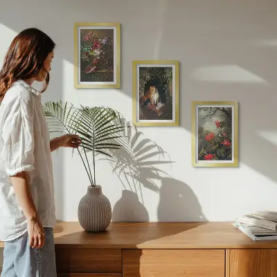 Fotowand mit Vintage-Blumen, Katzen und Pflanzen in der Natur