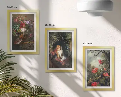 Fotowand mit Vintage-Blumen, Katzen und Pflanzen in der Natur