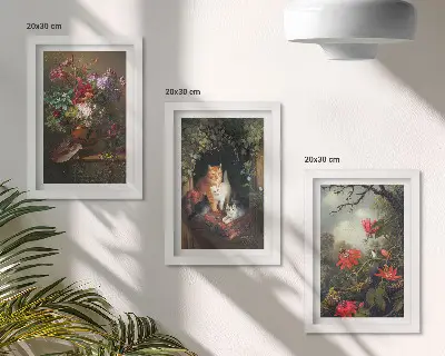 Fotowand mit Vintage-Blumen, Katzen und Pflanzen in der Natur