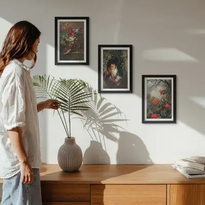 Fotowand mit Vintage-Blumen, Katzen und Pflanzen in der Natur