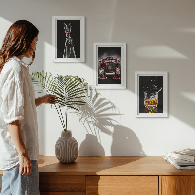 Bilderset mit rahmen Frauenbeine mit einer Rose, ein Oldtimer, ein Glas Whisky