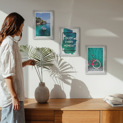 Bilderwand Meerblick mit inspirierender Inschrift für Boote und Fahrräder
