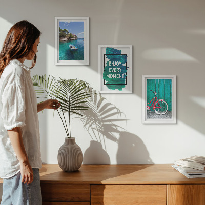 Bilderwand Meerblick mit inspirierender Inschrift für Boote und Fahrräder