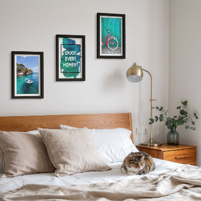 Bilderwand Meerblick mit inspirierender Inschrift für Boote und Fahrräder