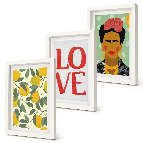 Bilderset mit Rahmen gemaltes Porträt von Frida Kahlo mit Zitronen und LOVE-Schriftzug