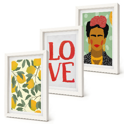 Bilderset mit rahmen Zitronen mit der Aufschrift LOVE, gemaltes Porträt von Frida Kahlo