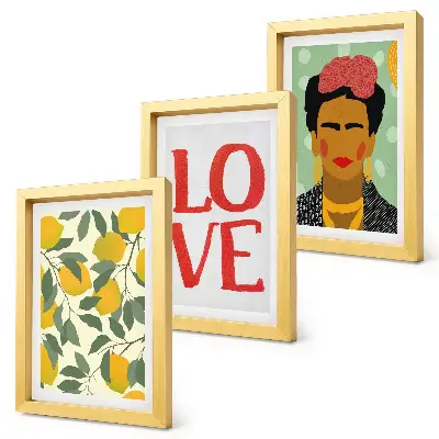 Bilderset mit Rahmen gemaltes Porträt von Frida Kahlo mit Zitronen und LOVE-Schriftzug
