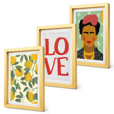 Bilderset mit rahmen Zitronen mit der Aufschrift LOVE, gemaltes Porträt von Frida Kahlo