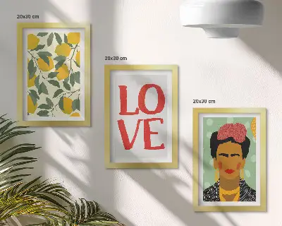 Bilderset mit Rahmen gemaltes Porträt von Frida Kahlo mit Zitronen und LOVE-Schriftzug