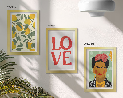 Bilderset mit rahmen Zitronen mit der Aufschrift LOVE, gemaltes Porträt von Frida Kahlo