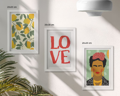 Bilderset mit rahmen Zitronen mit der Aufschrift LOVE, gemaltes Porträt von Frida Kahlo