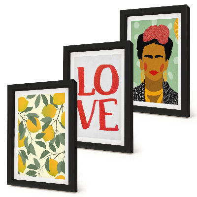 Bilderset mit rahmen Zitronen mit der Aufschrift LOVE, gemaltes Porträt von Frida Kahlo