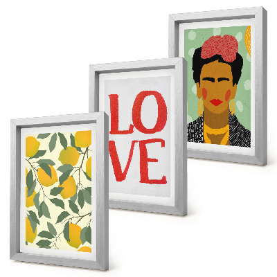 Bilderset mit rahmen Zitronen mit der Aufschrift LOVE, gemaltes Porträt von Frida Kahlo
