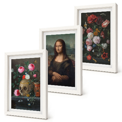 Fotowand Vintage-Blumen, Totenkopf und Mona-Lisa-Porträt von Leonardo da Vinci