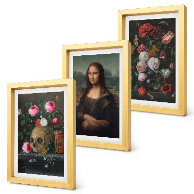 Fotowand Vintage-Blumen, Totenkopf und Mona-Lisa-Porträt von Leonardo da Vinci