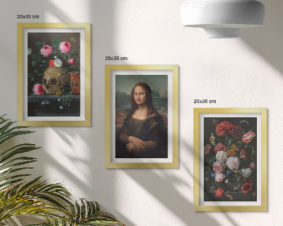 Fotowand Vintage-Blumen, Totenkopf und Mona-Lisa-Porträt von Leonardo da Vinci