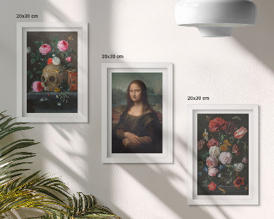 Fotowand Vintage-Blumen, Totenkopf und Mona-Lisa-Porträt von Leonardo da Vinci