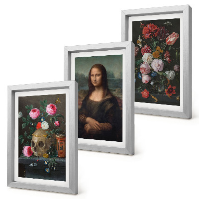 Fotowand Vintage-Blumen, Totenkopf und Mona-Lisa-Porträt von Leonardo da Vinci