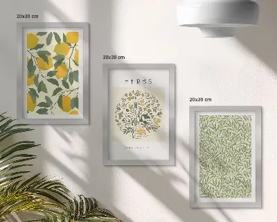 Bilderwand mit Zitronenmotiven sowie Kräutern und Pflanzenblättern
