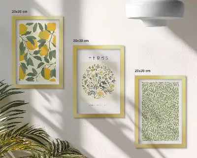 Bilderwand mit Zitronenmotiven sowie Kräutern und Pflanzenblättern